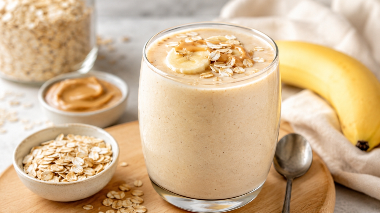 Smoothie od banane, ovsa i putera od kikirikija u čaši za doručak