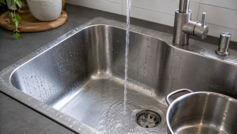 Inox sudopera sa kapljicama vode, tragovima korišćenja i sitnim ogrebotinama na metalnoj površini.